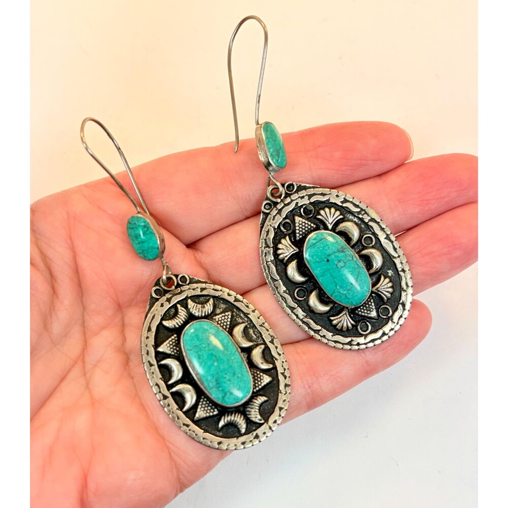 Vintage Earrings, Middle Eastern Crescent Moon, Green, Silver Tone, Afghan